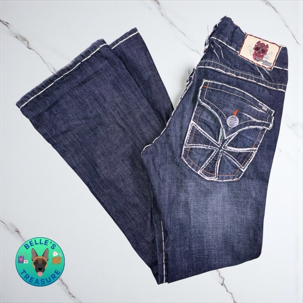 Laguna Beach Jeans Womens 31x32 Bootcut Skulls Dark‎ Wash Thick Stitching Y2K